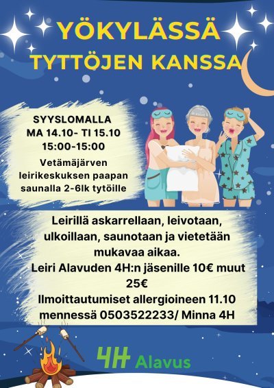 Yökylässä tyttöjen kanssa -leiri Vetämäjärven leirikeskuksessa paapan saunalla ma 14.10. klo 15.00 - ti 15.10. klo 15.00.