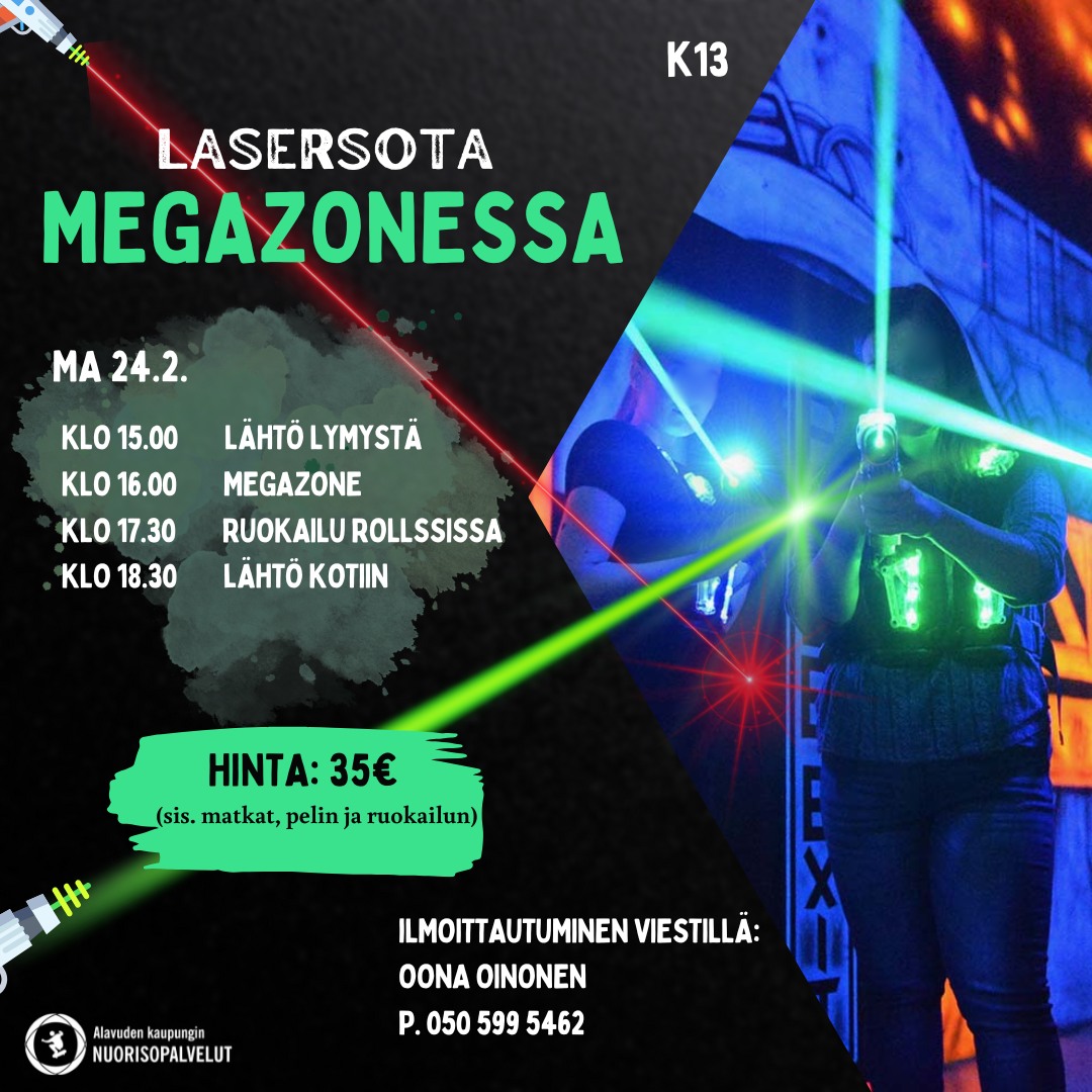 Lasersotaa Megazonessa maanantaina 24.2.2025. Lähtö Alavuden Lymystä klo 15.