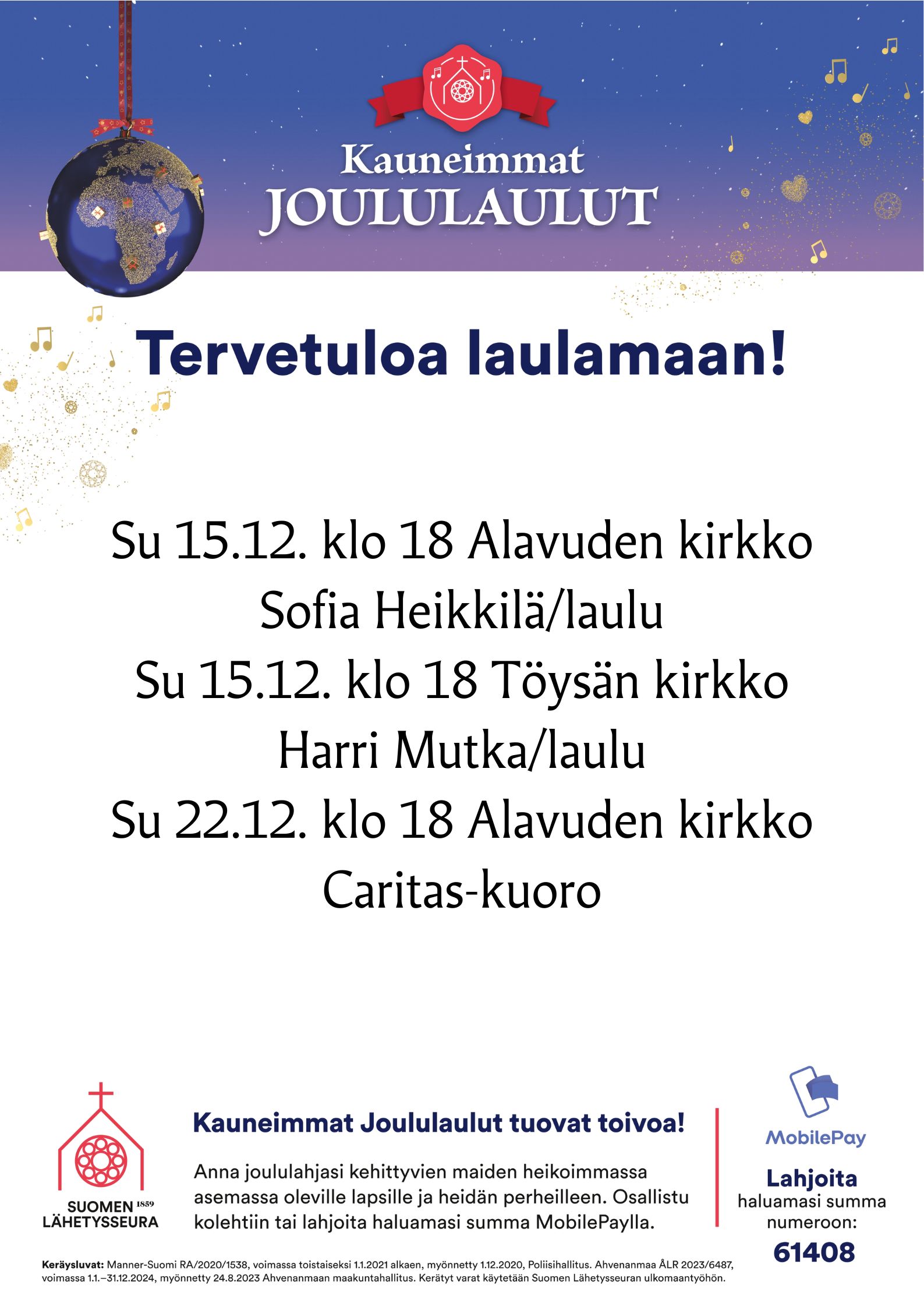 Tervetuloa laulamaan yhdessä joululauluja sunnuntaina 22.12.2024 klo 18 Alavuden kirkkoon.